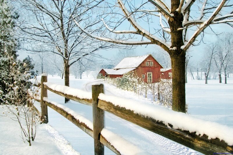 Red Barn in Snow — White, Serene