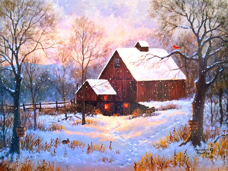 Red Barn in Snow — White, Serene, Winter, Painting