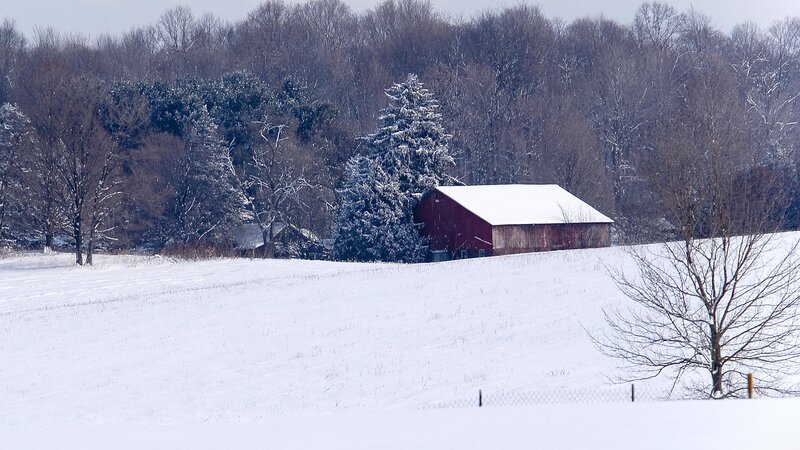 Red Barn in Snow — White, Serene, Winter, Photograph, Snow-covered Field