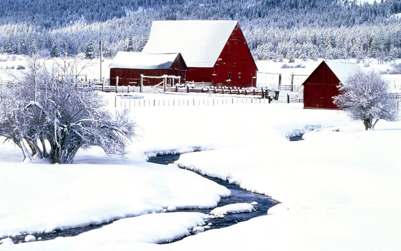 Red Barn in Snow — White, Serene, Winter, Photograph, Stream