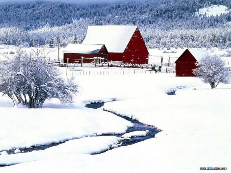 Red Barn in Snow — White, Serene, Winter, Photograph, Stream, Trees
