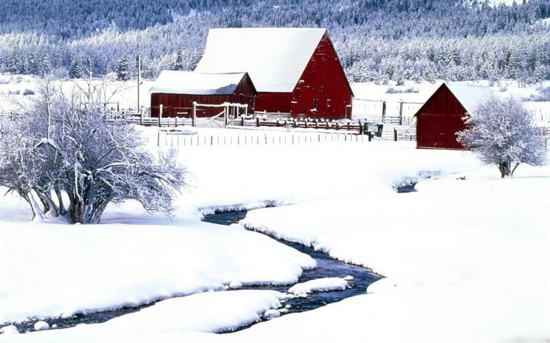 Red Barn in Snow — White, Serene, Winter