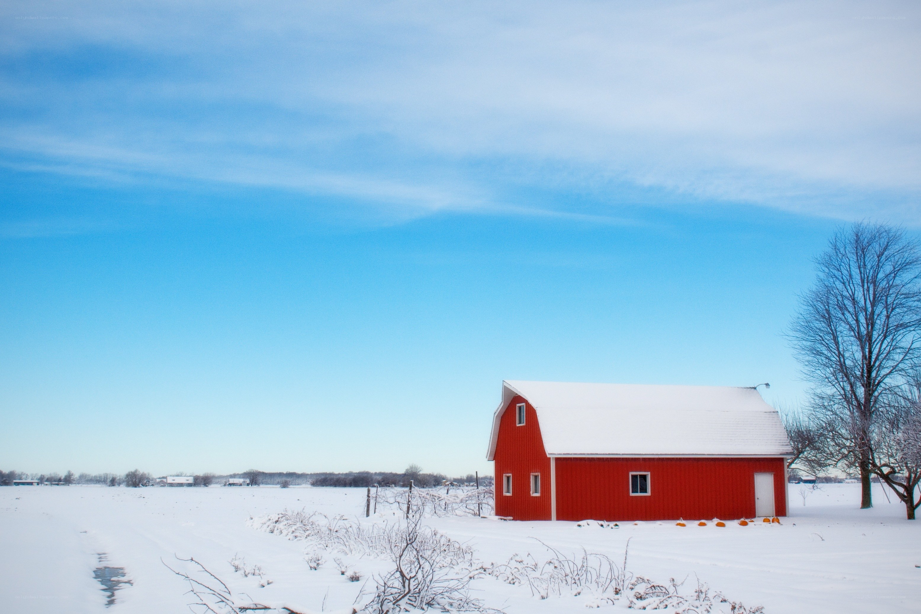 Red barn in snowy field
