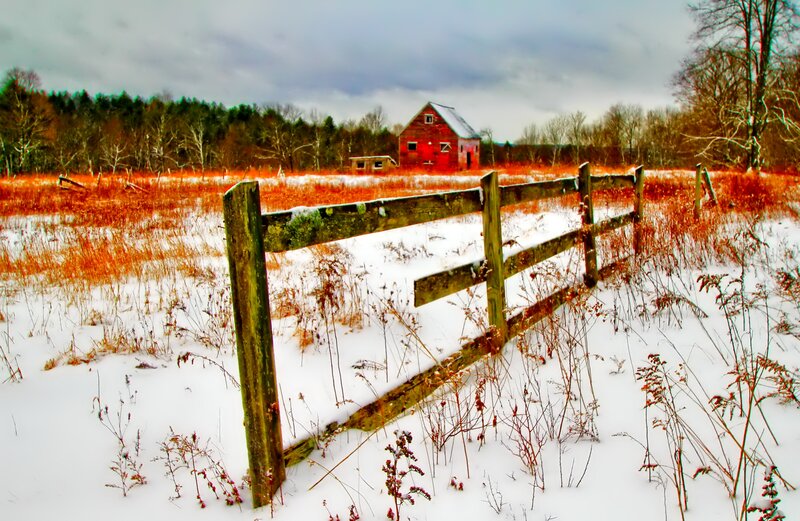Red Barn in Winter Field