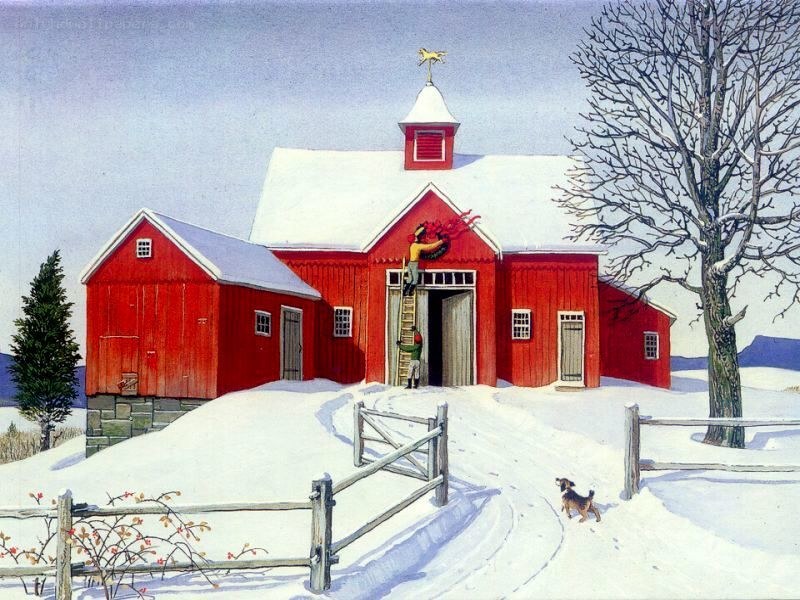 Red barn in winter landscape