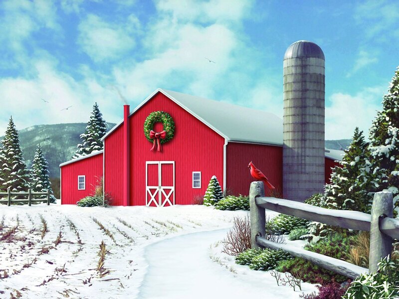 Red Barn in Winter — Peaceful, Digital Art, Silo