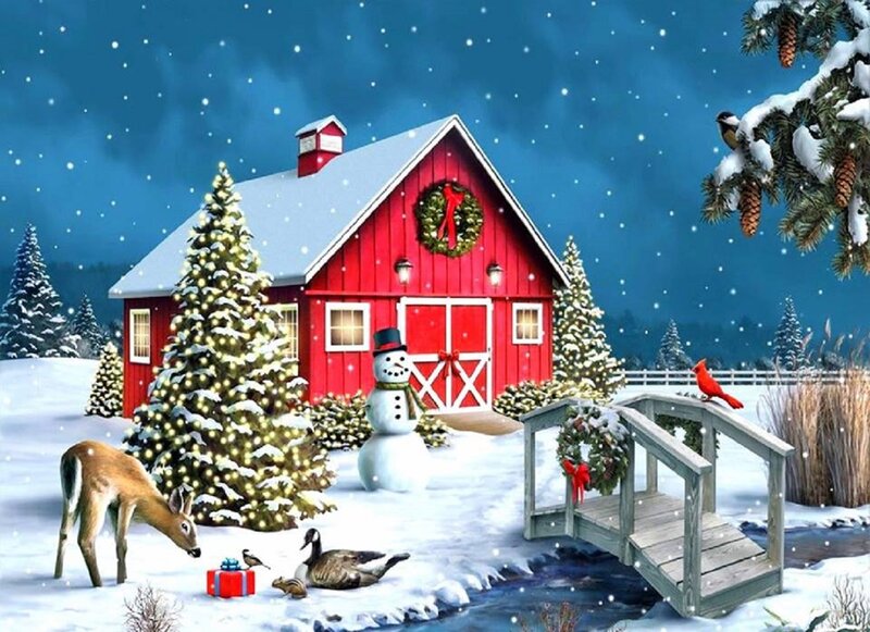 Red Barn in Winter — Peaceful, Digital Art, Snowman