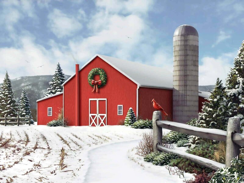 Red Barn in Winter — Peaceful, Digital Art