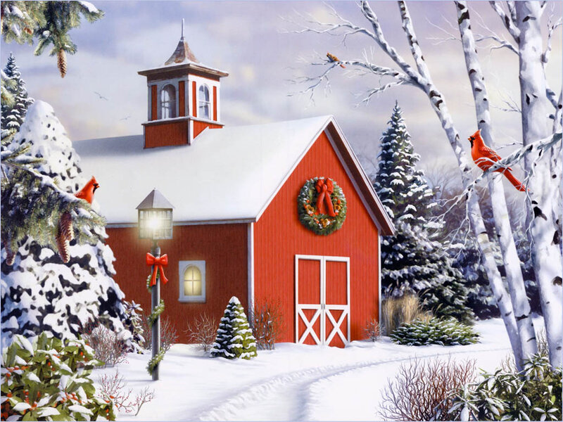 Red Barn in Winter — Peaceful, Painting