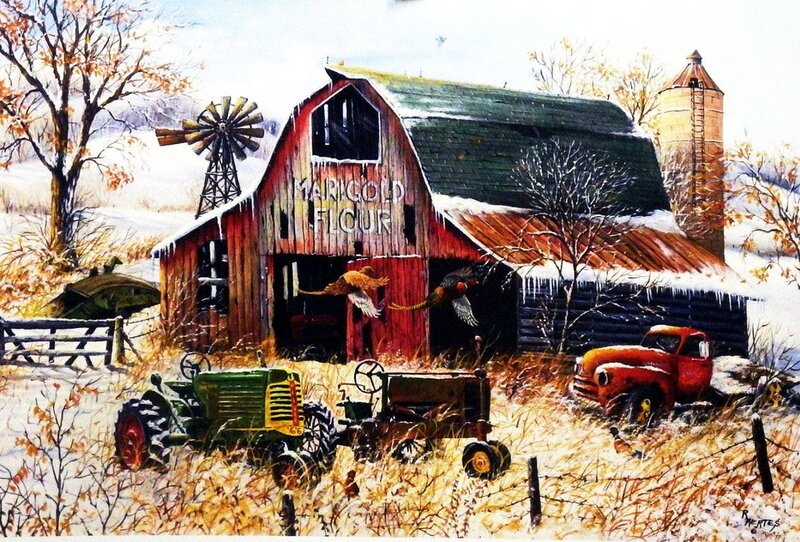 Red Barn in Winter — Peaceful, Painting, Tractor
