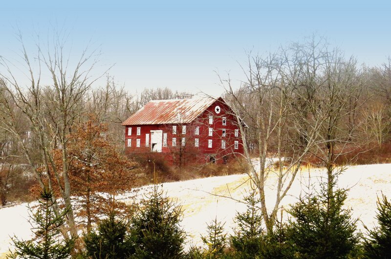Red Barn in Winter — Serene
