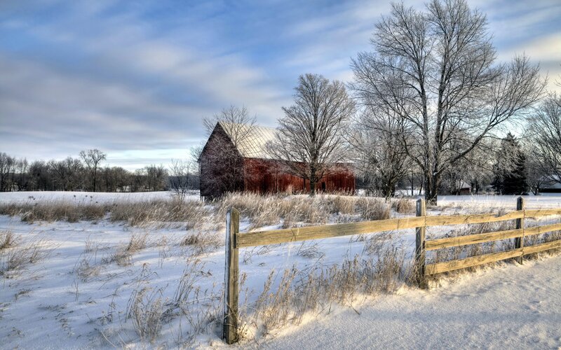 Red Barn in Winter — White, Serene, Photograph