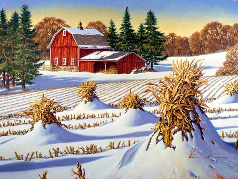 Red Barn in Winter — White, Serene