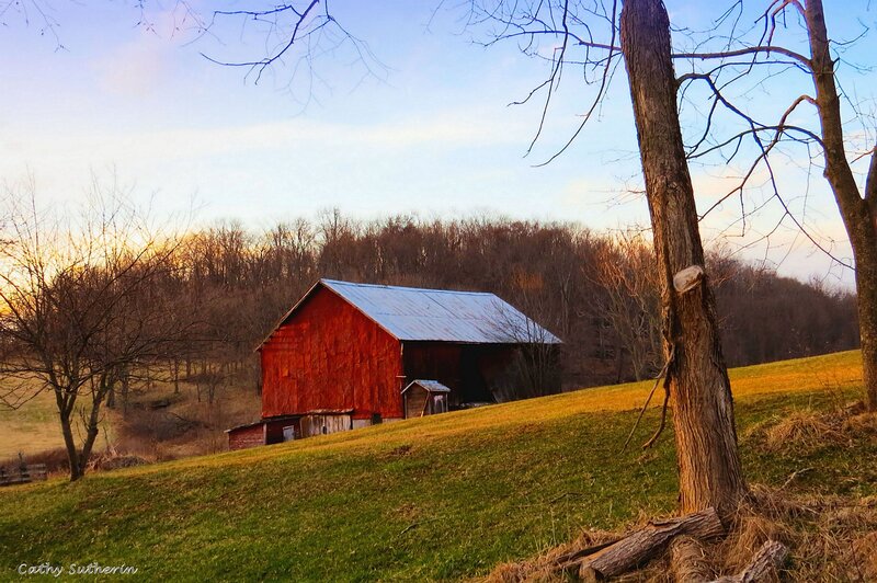 Red Barn on Hillside — Green, Serene, Sunset
