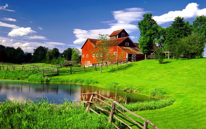 Red Barn on Hillside — Green, Serene