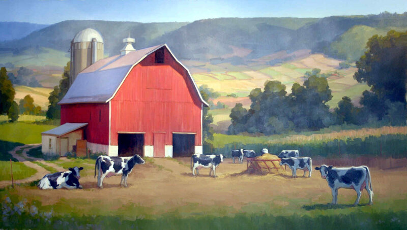 Red barn with cows on farm