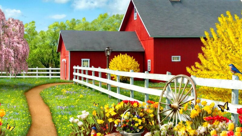 Red Barn with Flowers — Serene, Spring