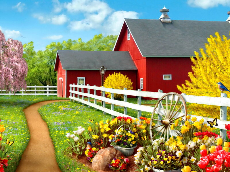 Red Barn with Flowers — Serene