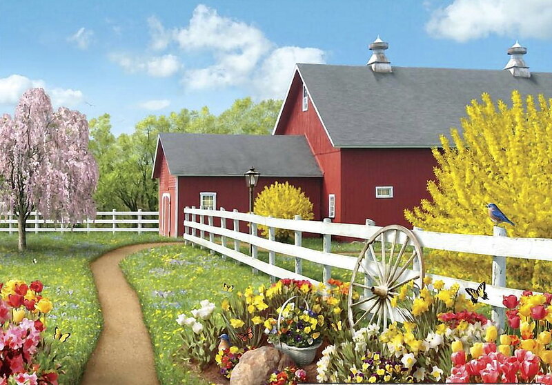Red Barn with Flowers
