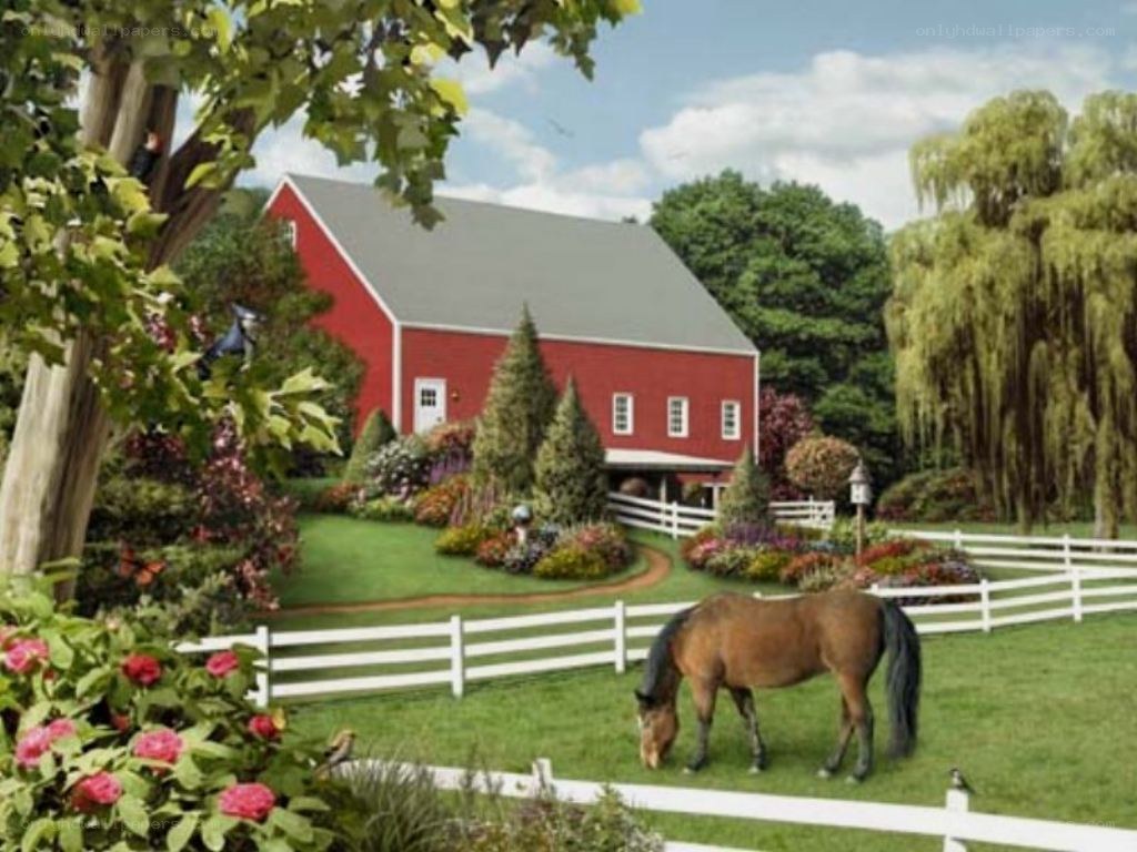 Red barn with grazing horse