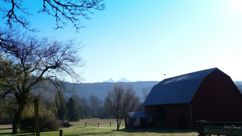 Red barn with mountain view