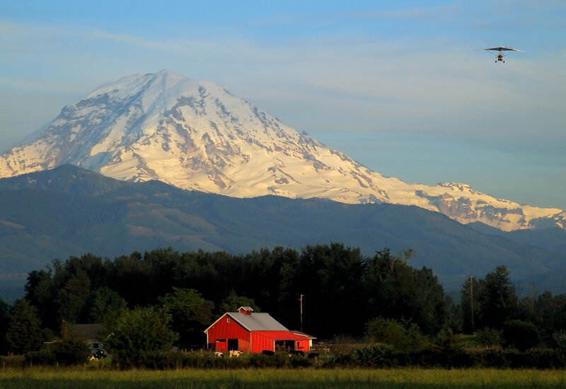 Red barn with mountain view
