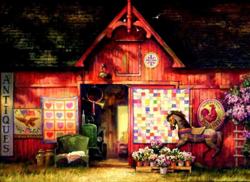 Red Barn with Quilts