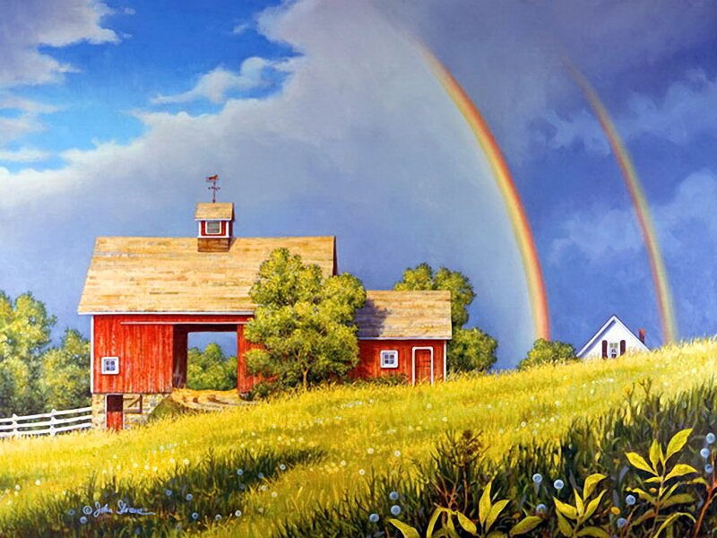 Red Barn with Rainbow