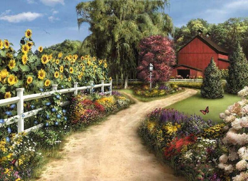 Red Barn with Sunflowers