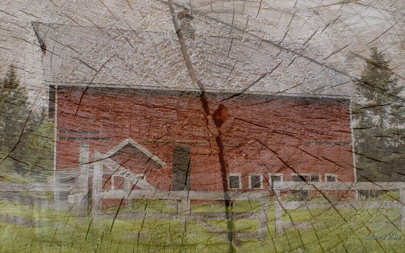 Red barn with wood texture overlay