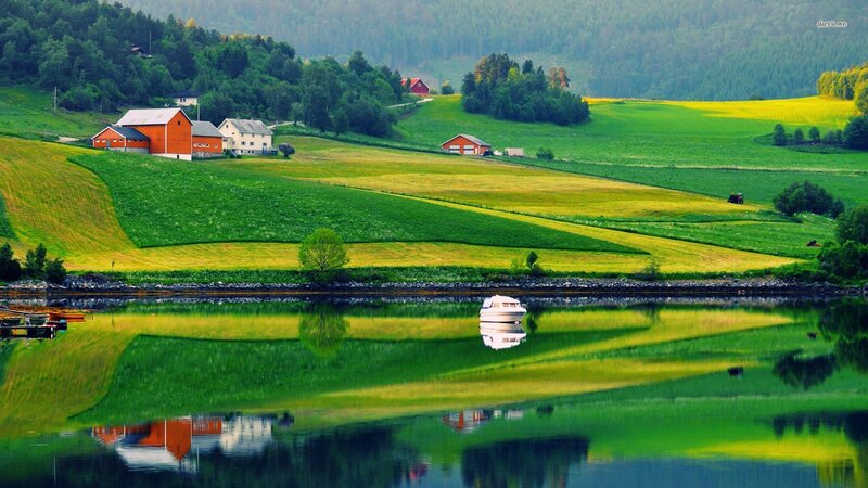 Red Barns by Lake — Green