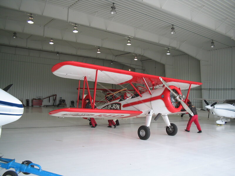 Red Baron biplane in hangar