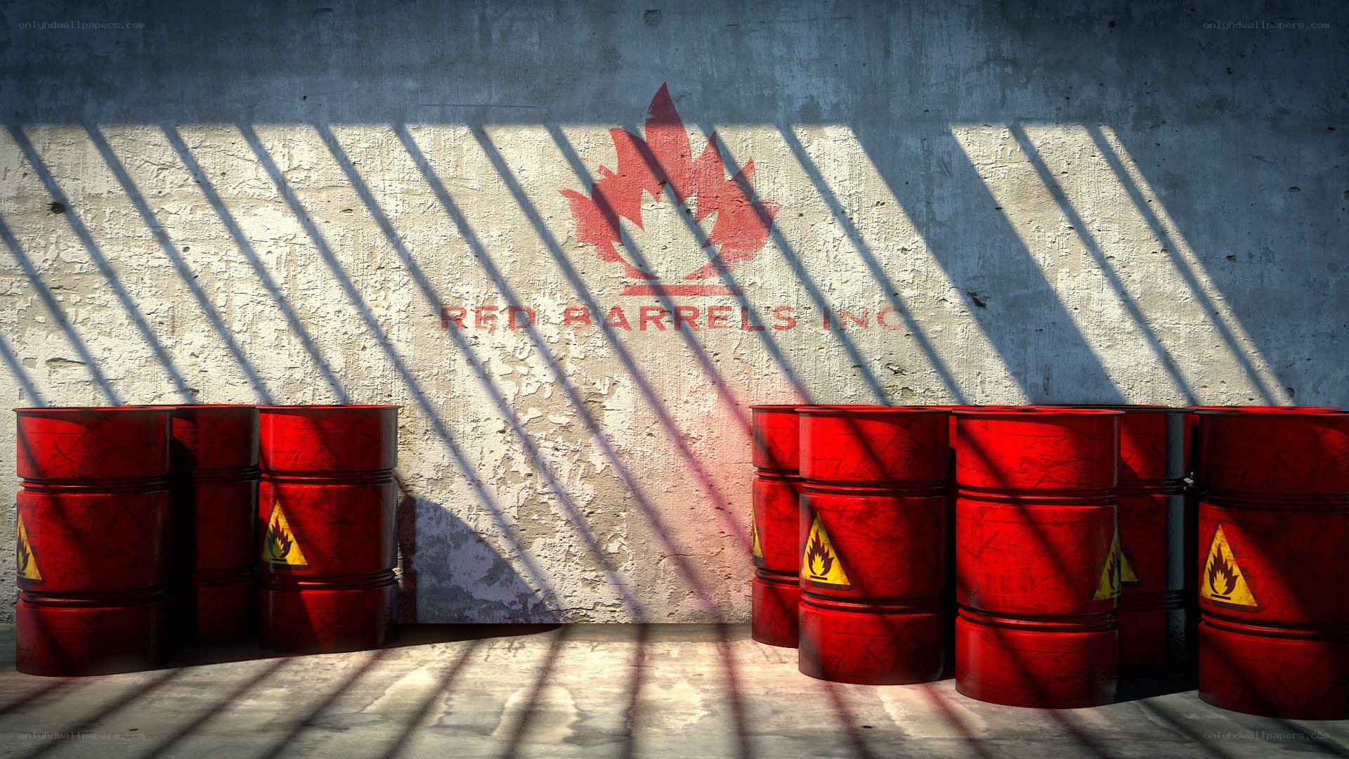 Red barrels in warehouse