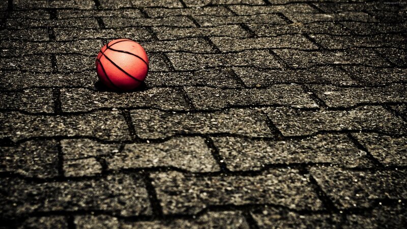 Red Basketball on Pavement — Dramatic, Photograph, Shadow