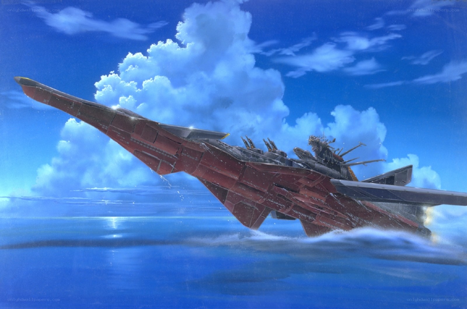 Red battleship flying over ocean