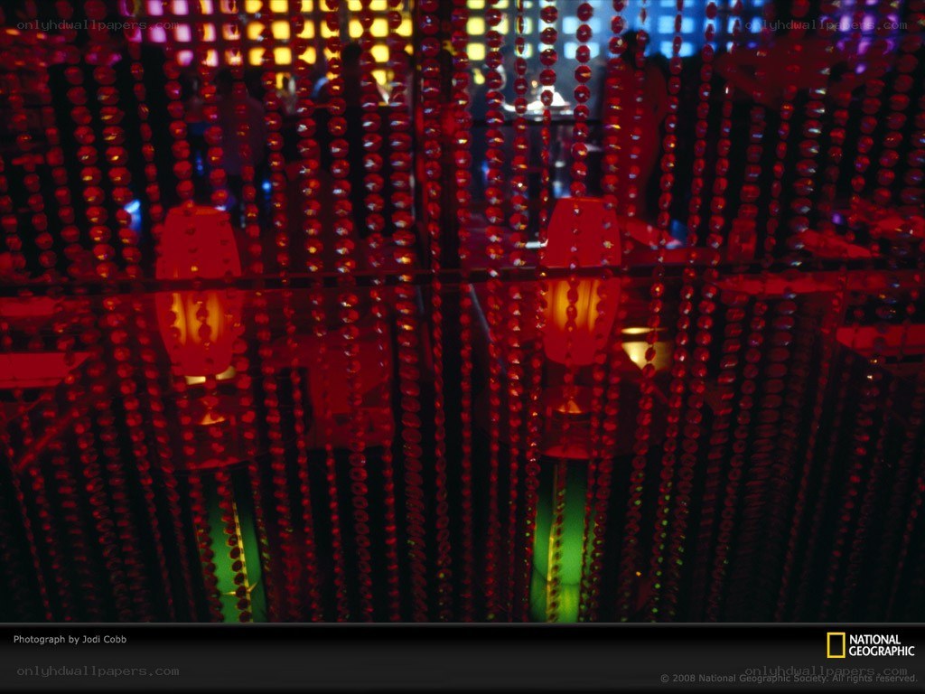 Red beaded curtain with lanterns