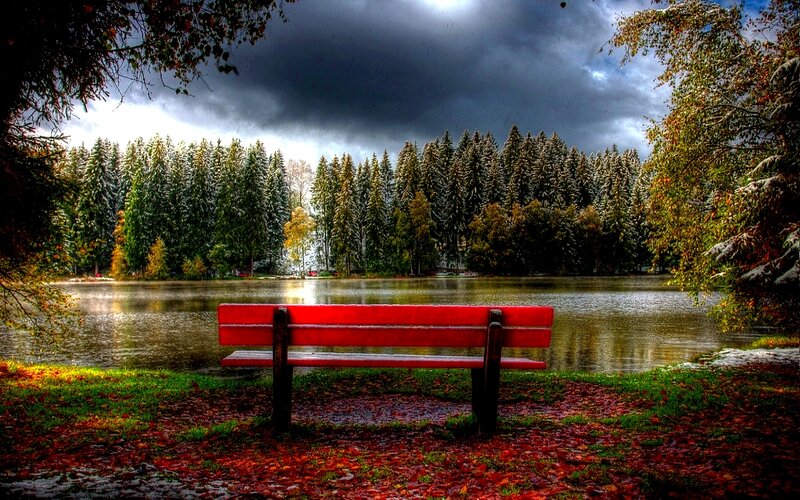 Red Bench by Lake — Dramatic