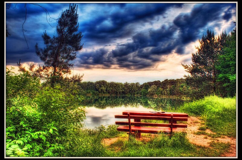 Red Bench by Lake — Green, Dramatic