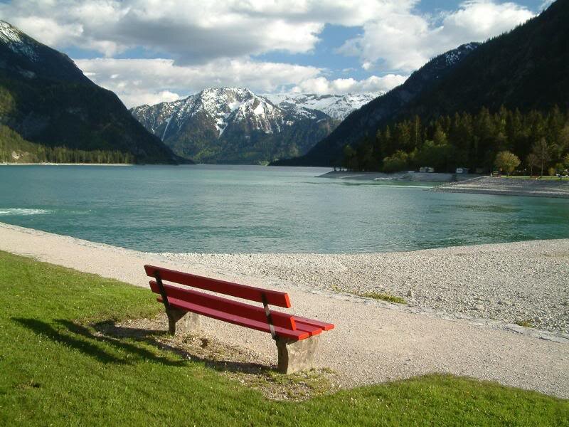 Red Bench by Lake — Green, Serene