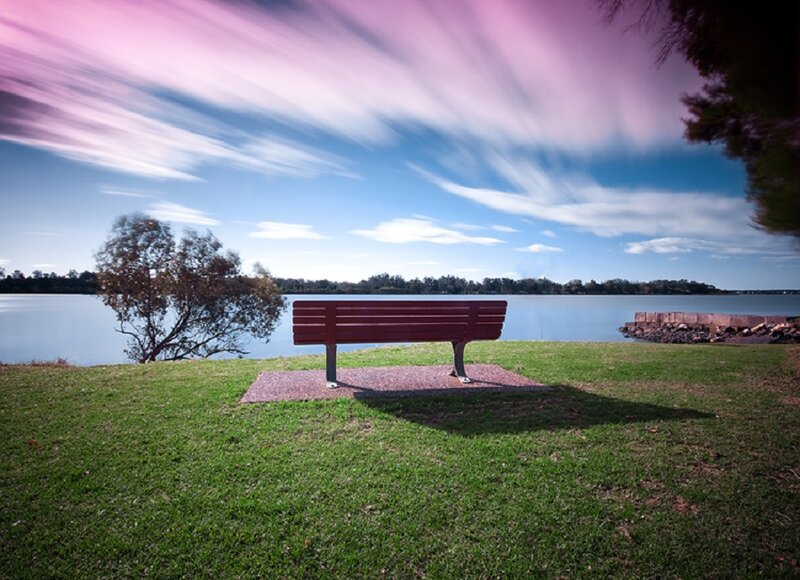 Red Bench by Lake — Green
