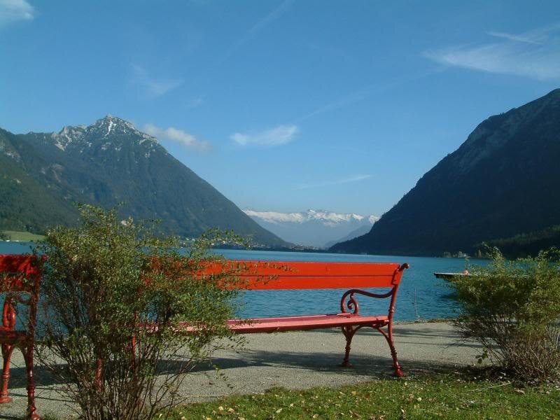 Red Bench by Lake — Serene