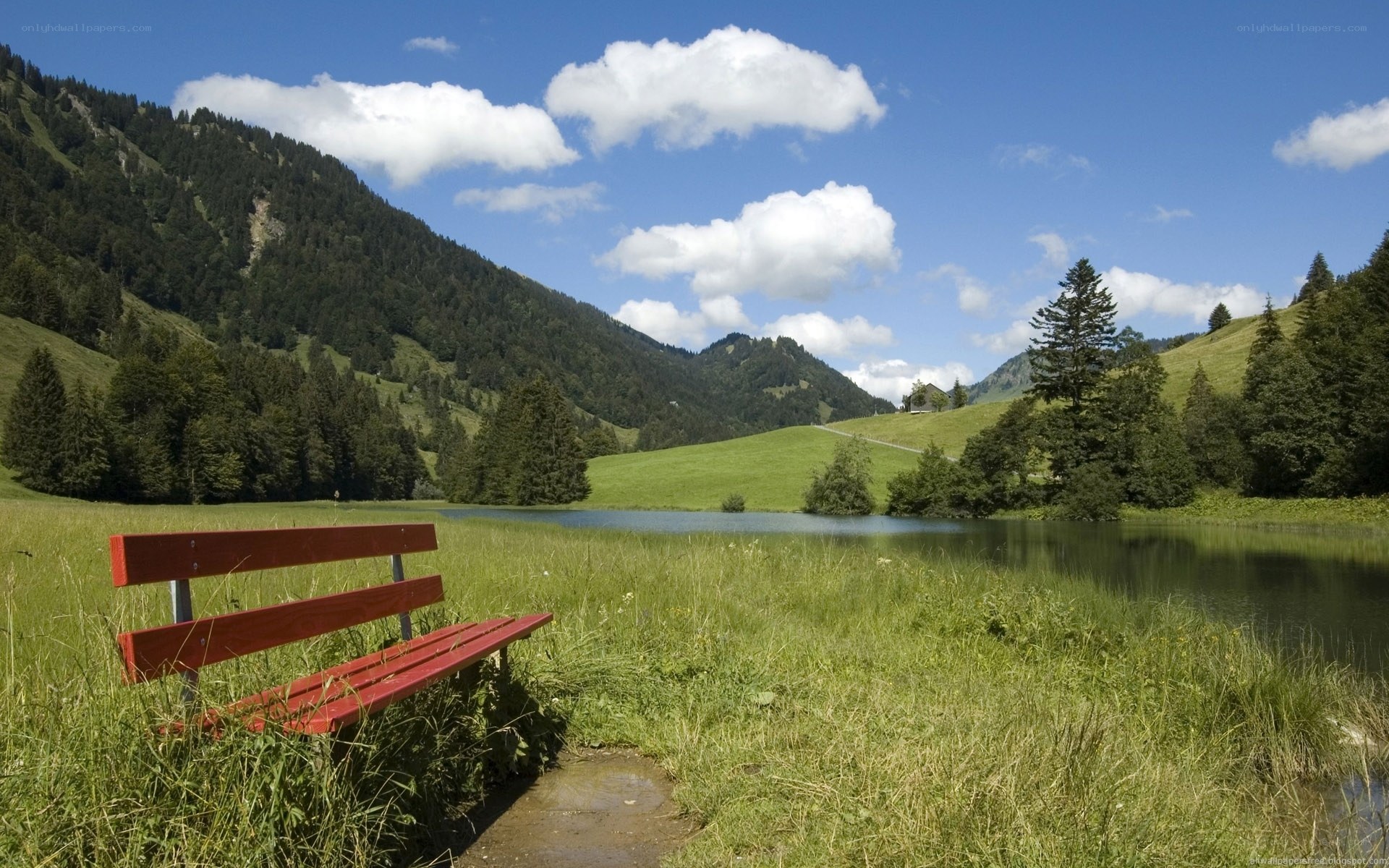Red bench by mountain lake