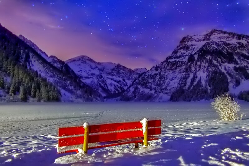 Red Bench in Snow — Serene
