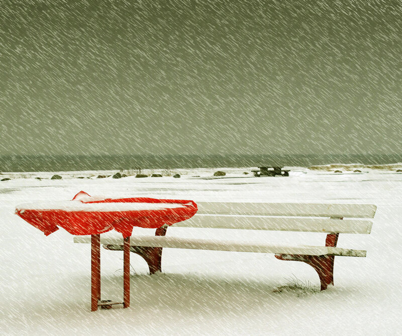 Red Bench in Snow — White, Cold