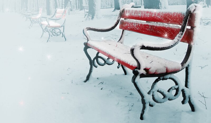 Red Bench in Snow — White, Serene