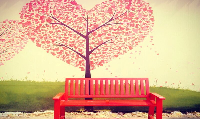 Red Bench under Heart Tree