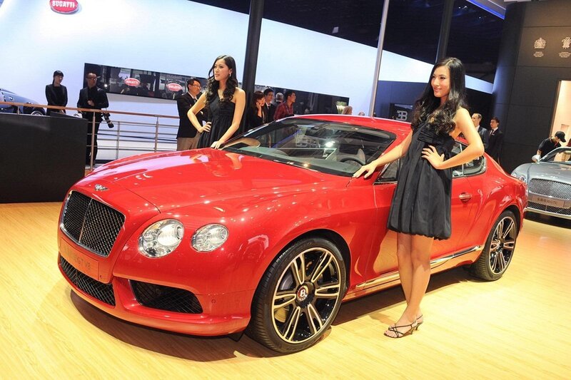 Red Bentley at auto show