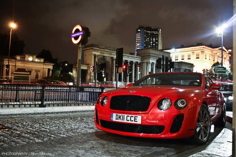 Red Bentley at night in London