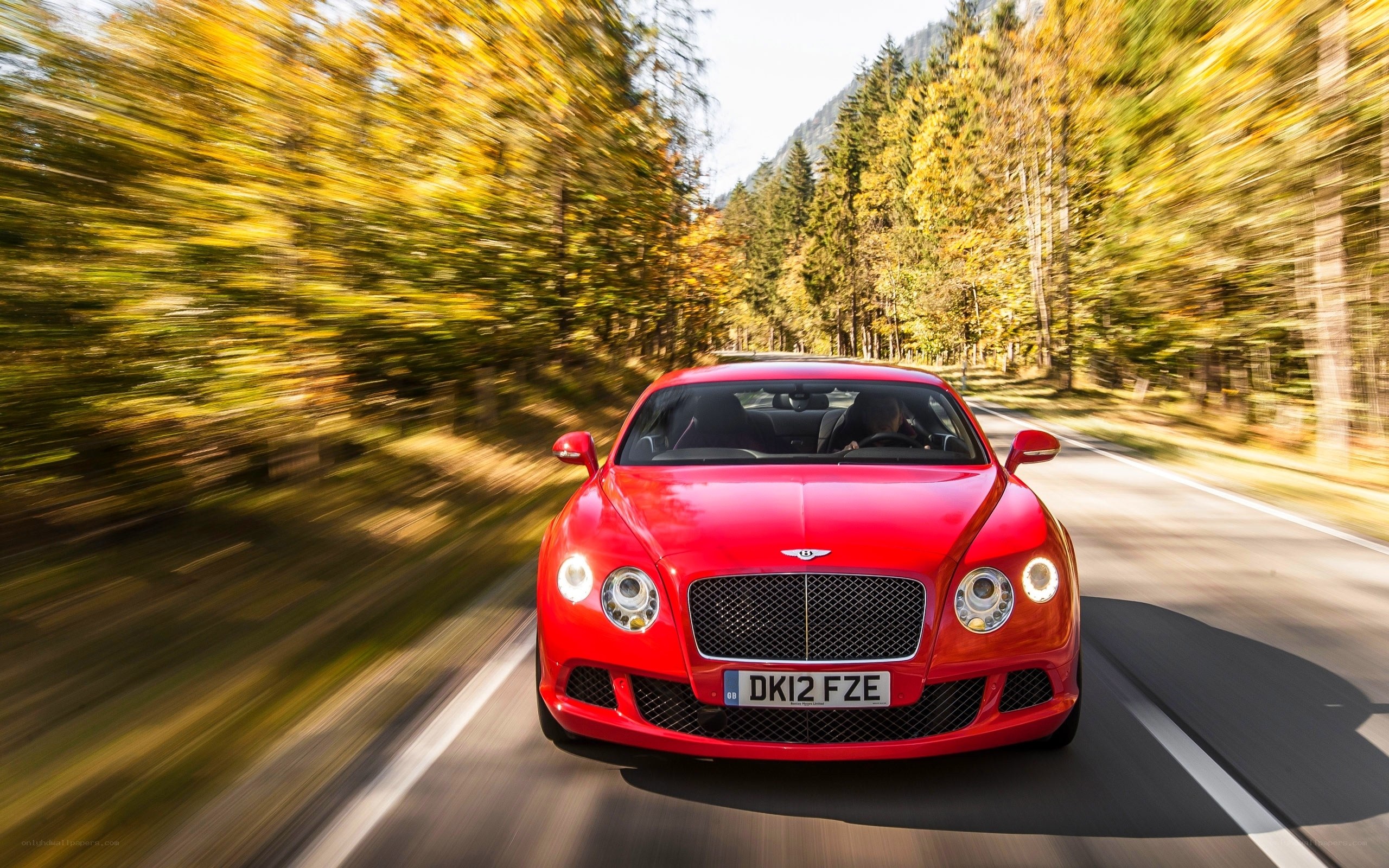 Red Bentley driving on a forest road