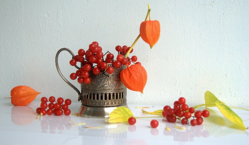 Red Berries in Silver Cup